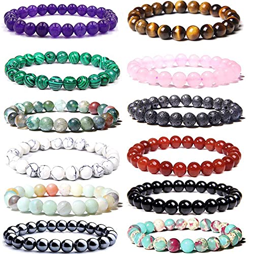 CASDAN 12PCS 8mm Gemstone Round Bead Bracelets