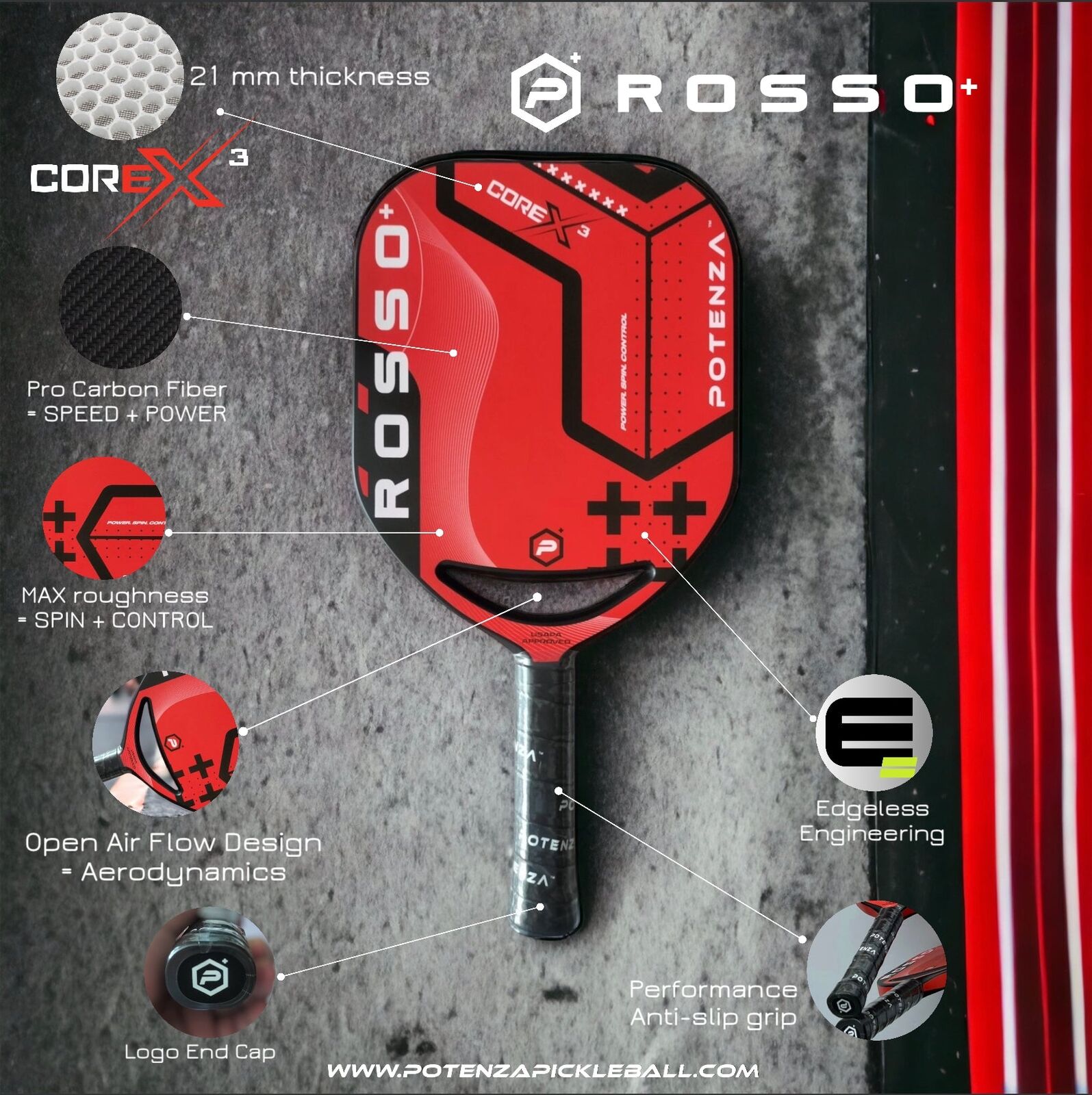 POTENZA "ROSSO+" Carbon Fiber Pickleball Paddle