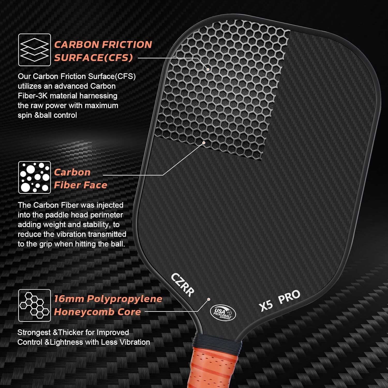 USA Pickleball Approved 3K Carbon Fiber Paddle