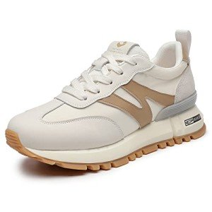 Beige Women’s Leather Suede Casual Lace-Up Sneakers