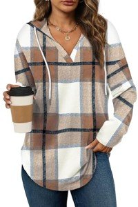 Women’s Casual Long Sleeve Hoodie - Plaid Brown