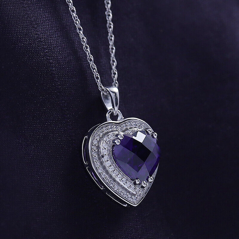 Amethyst & White Sapphire Heart Pendant Necklace Silver