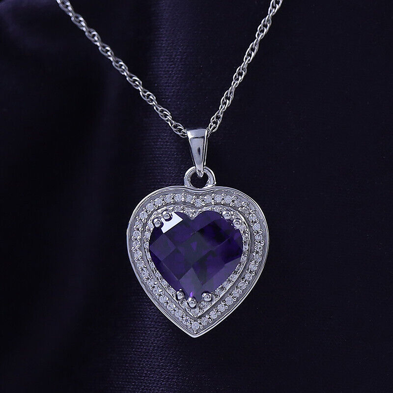 Amethyst & White Sapphire Heart Pendant Necklace Silver