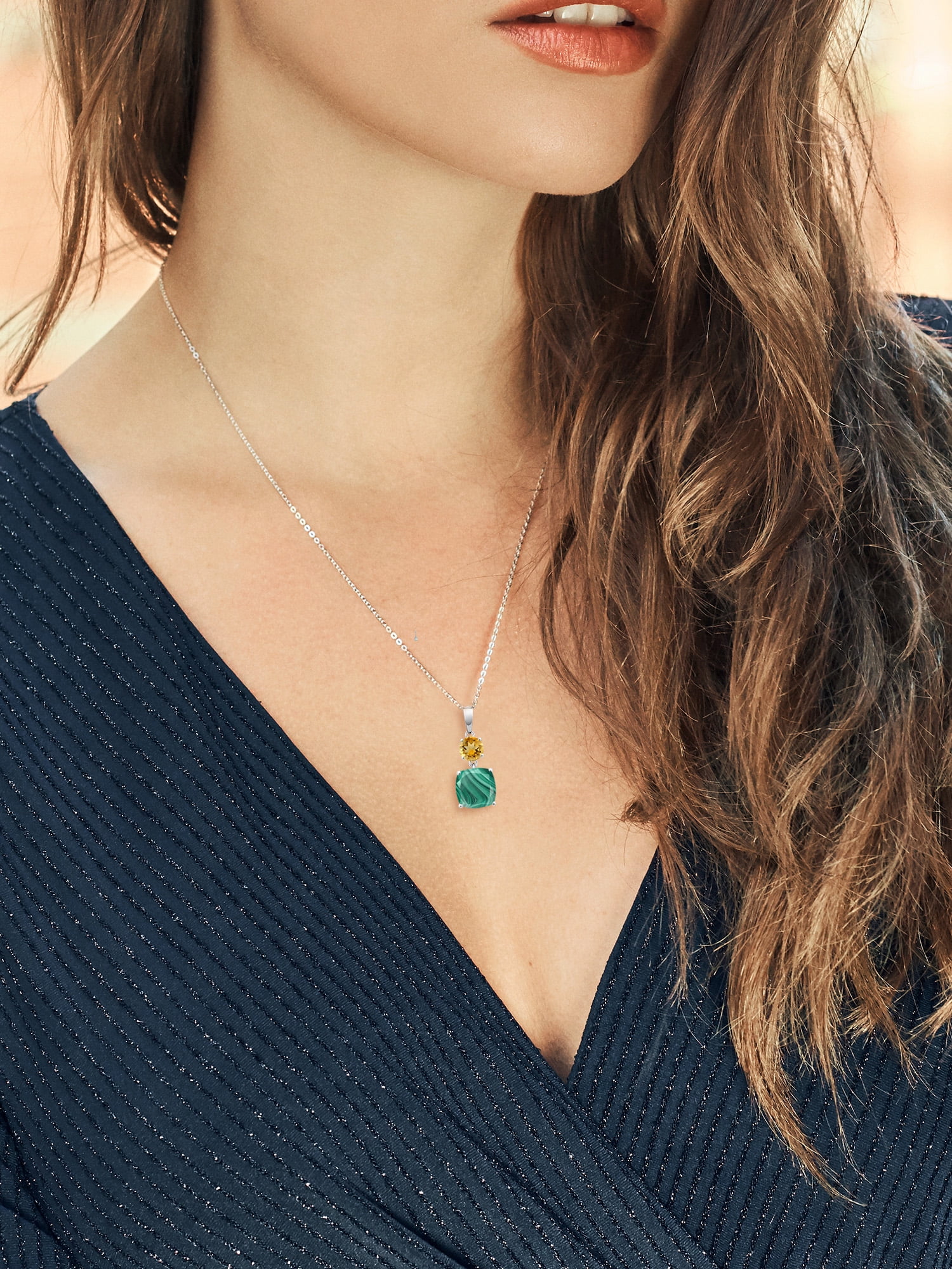 Green Malachite and Yellow Citrine Pendant Necklace Women
