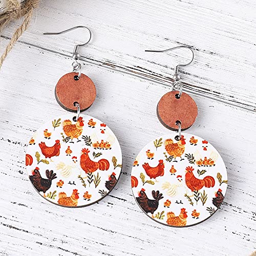 Creative Funny Hen Chicken Wave-Dot Wooden Dangle Earrings Cute Kawaii Animal Turkey Rooster Farm Design Earrings for Women Girls Lightweight Hypoallergenic Fashion Charm Jewelry Gifts-Style C