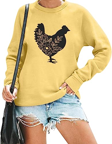 FASHGL Farm Sweatshirt Women Floral Chicken Pullover Funny Cute Graphic Tee Holiday Casual Tops Lightweight Blouse (Yellow, S)