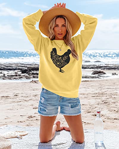 FASHGL Farm Sweatshirt Women Floral Chicken Pullover Funny Cute Graphic Tee Holiday Casual Tops Lightweight Blouse (Yellow, S)