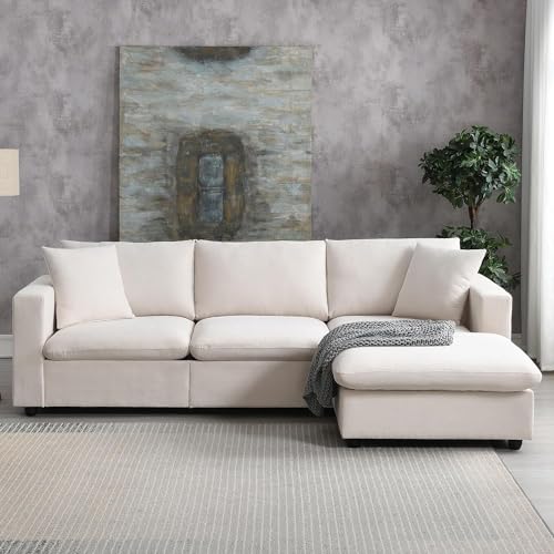 Beige L-Shaped Sectional Sofa with Reversible Ottoman