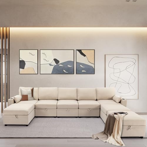 Beige Modular U-Shaped Sofa with Storage & USB