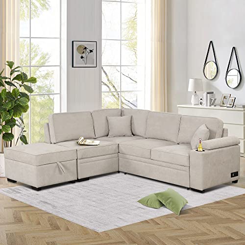 Beige L-Shaped Convertible Sleeper Sofa with Ottoman