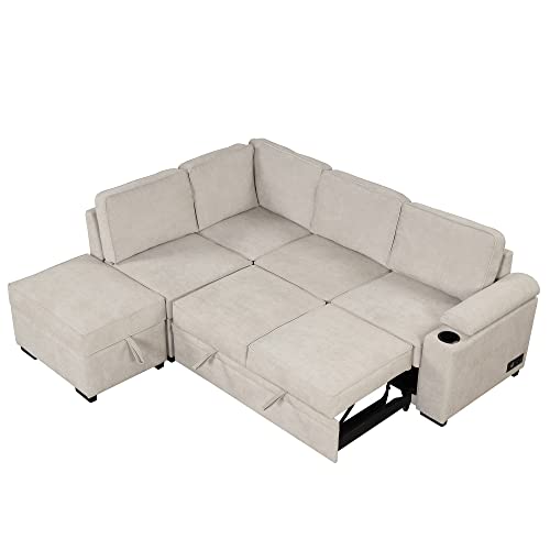 Beige L-Shaped Convertible Sleeper Sofa with Ottoman