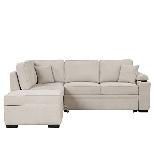 Beige L-Shaped Convertible Sleeper Sofa with Ottoman