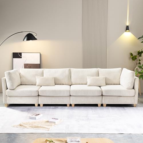 Beige L-Shaped Convertible Modular Sofa with Ottoman