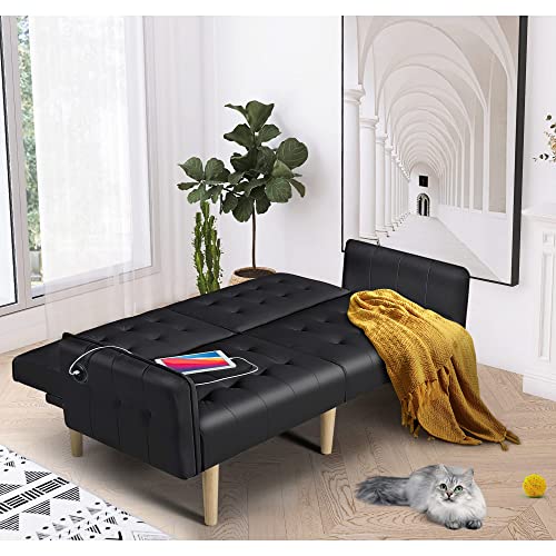 Black Faux Leather Convertible Futon Sofa Bed
