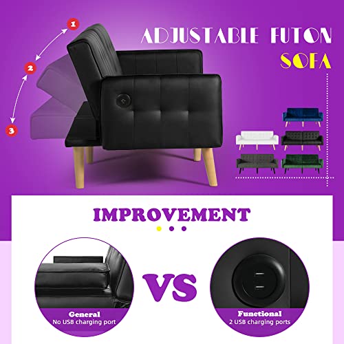 Black Faux Leather Convertible Futon Sofa Bed