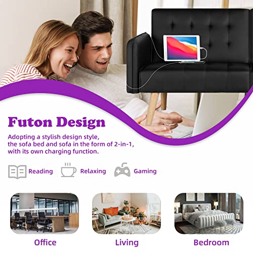 Black Faux Leather Convertible Futon Sofa Bed