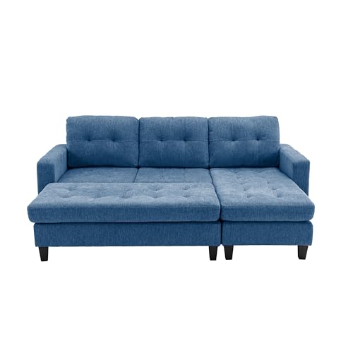 Blue L-Shaped Convertible Sofa with Chaise Lounge