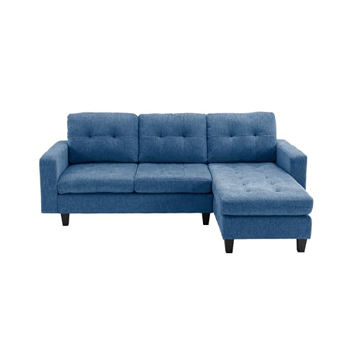 Blue L-Shaped Convertible Sofa with Chaise Lounge