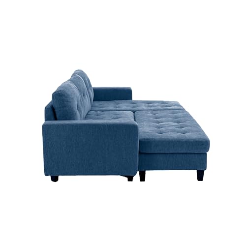 Blue L-Shaped Convertible Sofa with Chaise Lounge