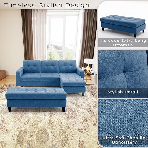 Blue L-Shaped Convertible Sofa with Chaise Lounge