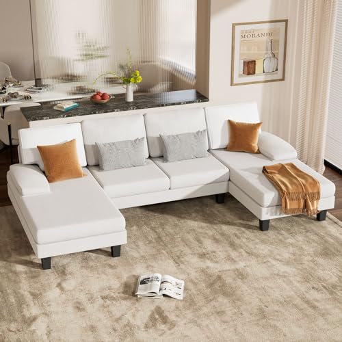 White U-Shaped Chenille Sectional Sofa with Chaise