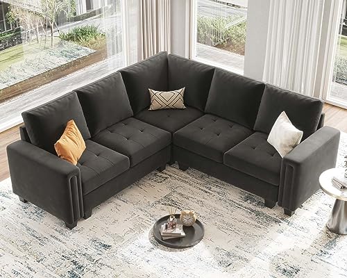 Grey Velvet Modular L-Shaped Sectional Sofa Couch