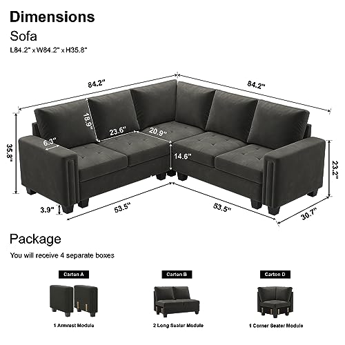 Grey Velvet Modular L-Shaped Sectional Sofa Couch