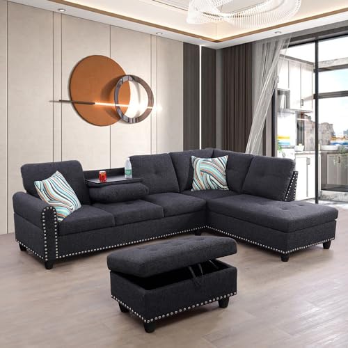 Modern Linen L-Shaped Sectional Sofa Set with Ottoman
