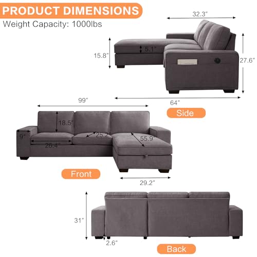 Modern L-Shaped Convertible Sofa with USB Ports