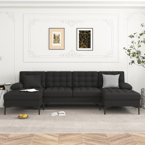 Modern U-Shaped Linen Sectional Sofa in Black