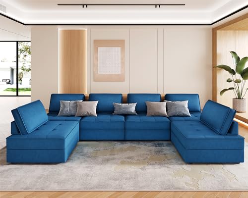 Modular 6-Seater U-Shaped Sofa in Blue Velvet