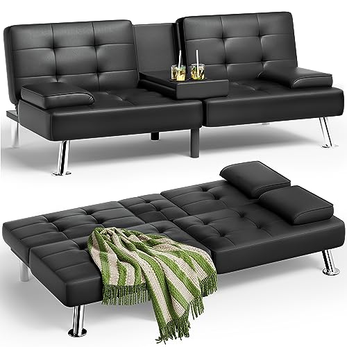 Modern Black Faux Leather Futon Sofa Bed