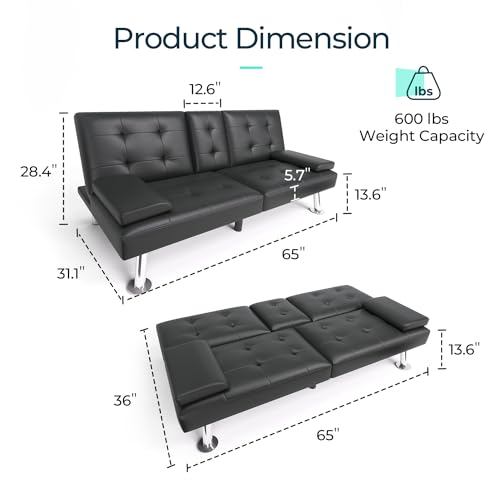 LINSY Black Faux Leather Futon Sofa Bed
