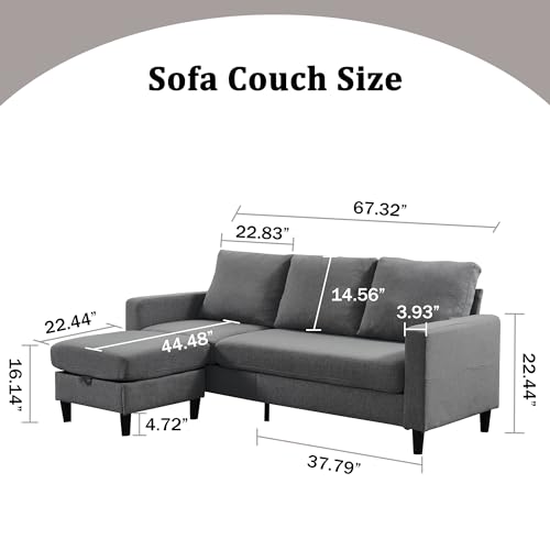 Dark Grey Convertible Sectional Sofa with Ottoman