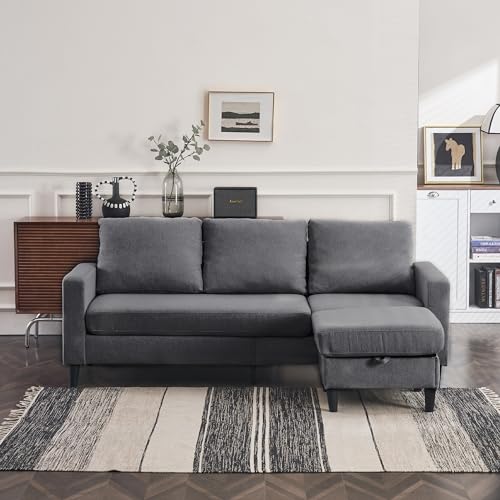 Dark Grey Convertible Sectional Sofa with Ottoman