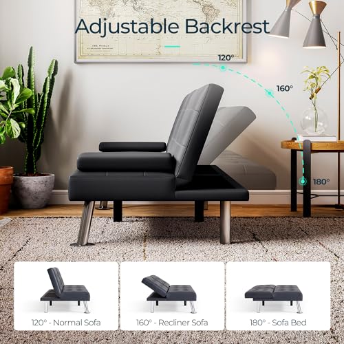 LINSY Black Faux Leather Futon Sofa Bed