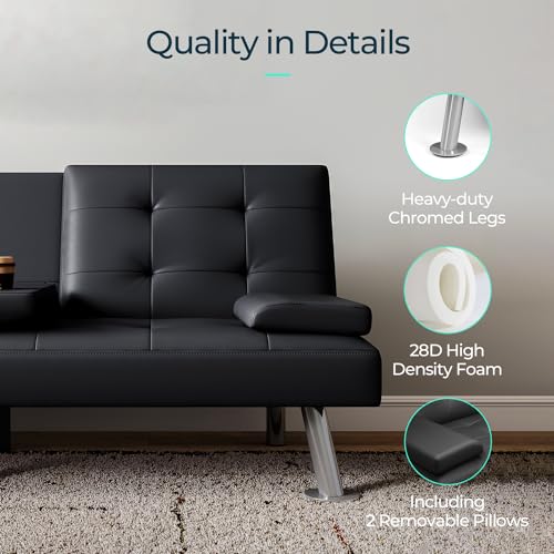 LINSY Black Faux Leather Futon Sofa Bed