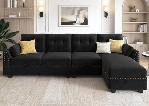 Velvet L-Shaped Sectional Sofa with Storage Ottoman