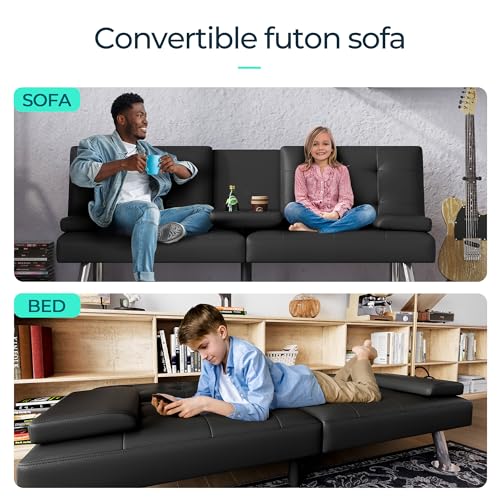 LINSY Black Faux Leather Futon Sofa Bed