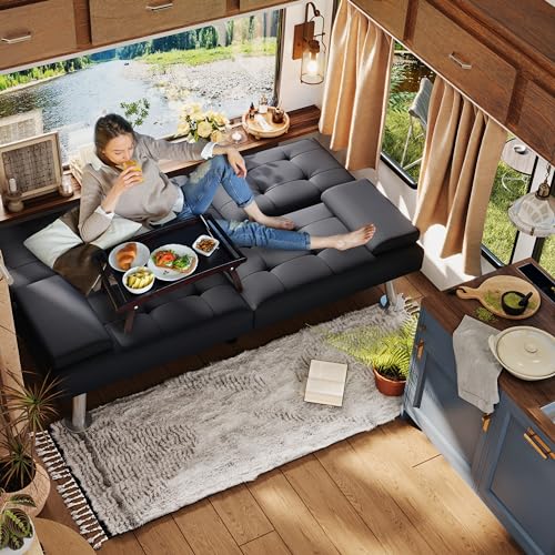 LINSY Black Faux Leather Futon Sofa Bed
