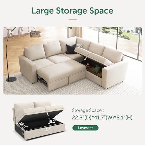 Beige Modular Sectional Sleeper Sofa with Storage