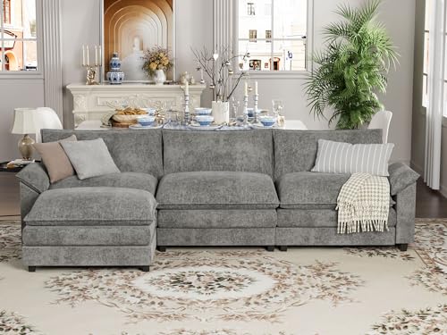 L-Shaped Chenille Modular Sofa with Ottoman - Grey