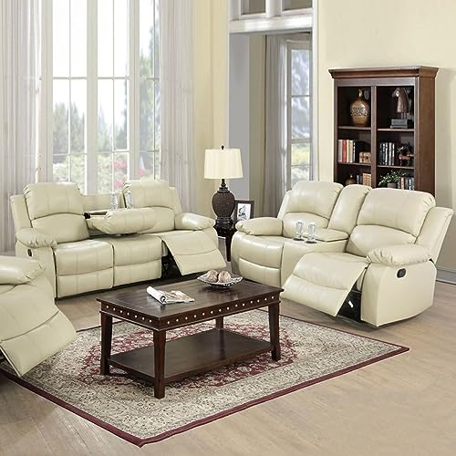 Beige Leather Recliner Sofa and Loveseat Set
