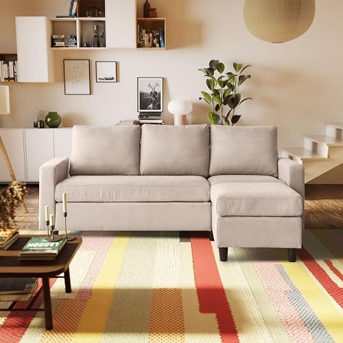 Beige L-Shaped Chenille Convertible Couch Sectional