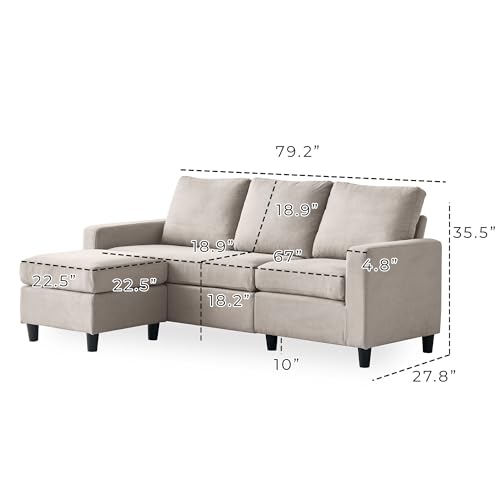 Beige L-Shaped Chenille Convertible Couch Sectional