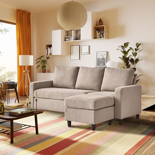 Beige L-Shaped Chenille Convertible Couch Sectional