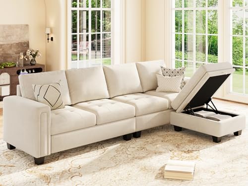 Beige Velvet Reversible L-Shaped Sectional Sofa