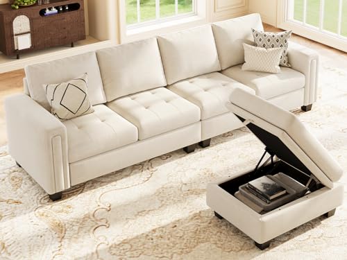 Beige Velvet Reversible L-Shaped Sectional Sofa