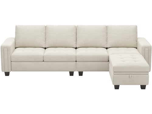 Beige Velvet Reversible L-Shaped Sectional Sofa