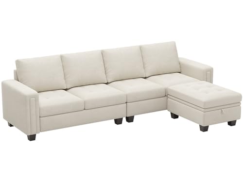Beige Velvet Reversible L-Shaped Sectional Sofa